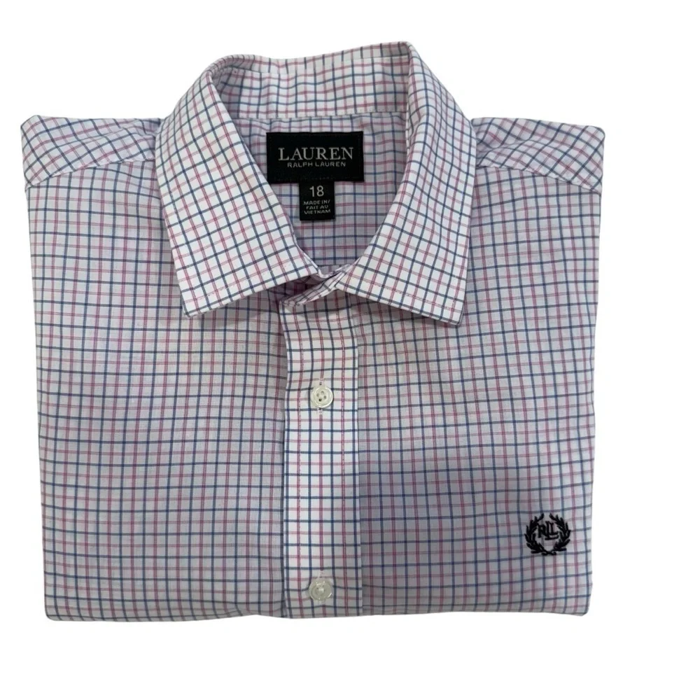 Ralph Lauren Boys Button Up Oxford Shirt White Plaid Crest Logo size 18 Youth
